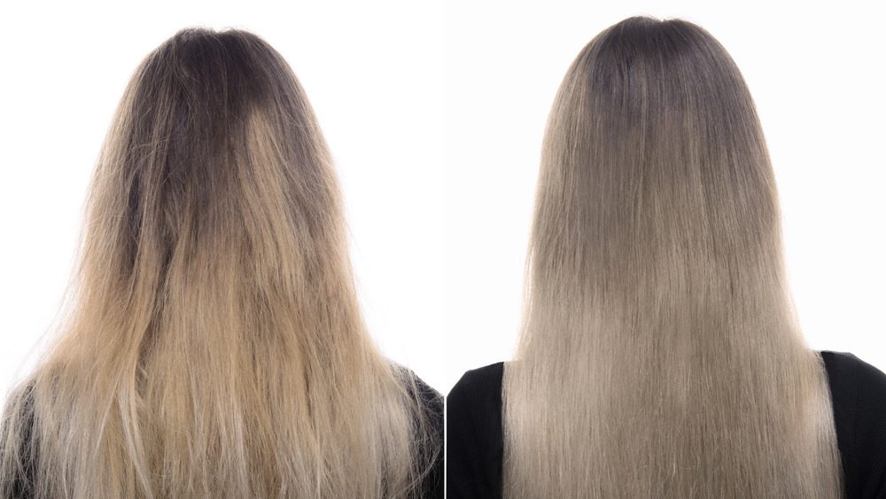 Затылок женщины до и после процедуры выпрямления волос